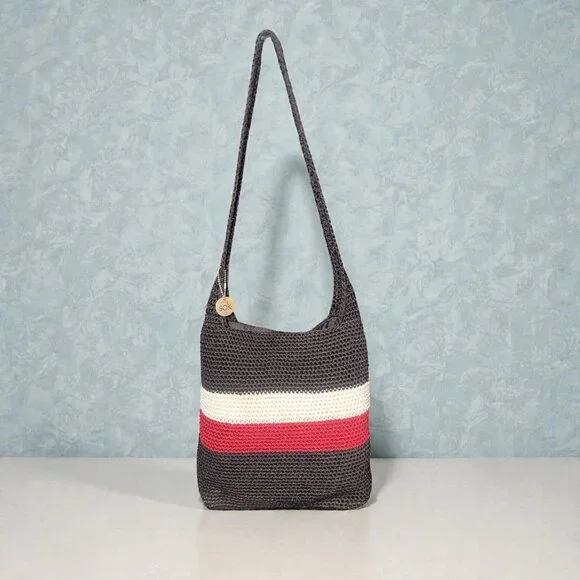 The Sak Hobo Shoulder Bag Black Red Beige Crocheted Crossbody Boho Grannycore - Picture 1 of 7